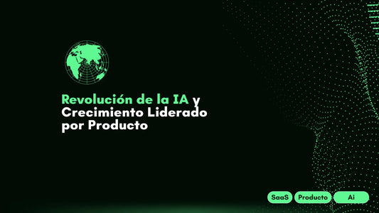 Ilustración de un equipo digital utilizando inteligencia artificial para crear y optimizar productos, con gráficos de crecimiento y elementos tecnológicos modernos. Título: “Revolución de la IA & Product-Led Growth”.