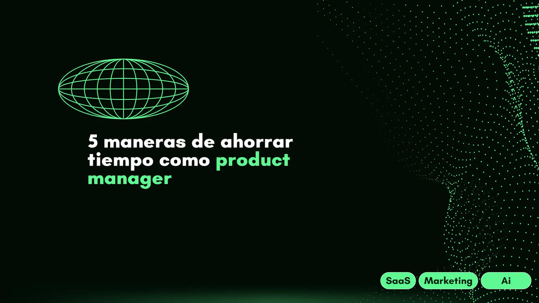 Ilustración de un product manager utilizando herramientas digitales y automatización para optimizar procesos y liberar tiempo, con gráficos de eficiencia y crecimiento.