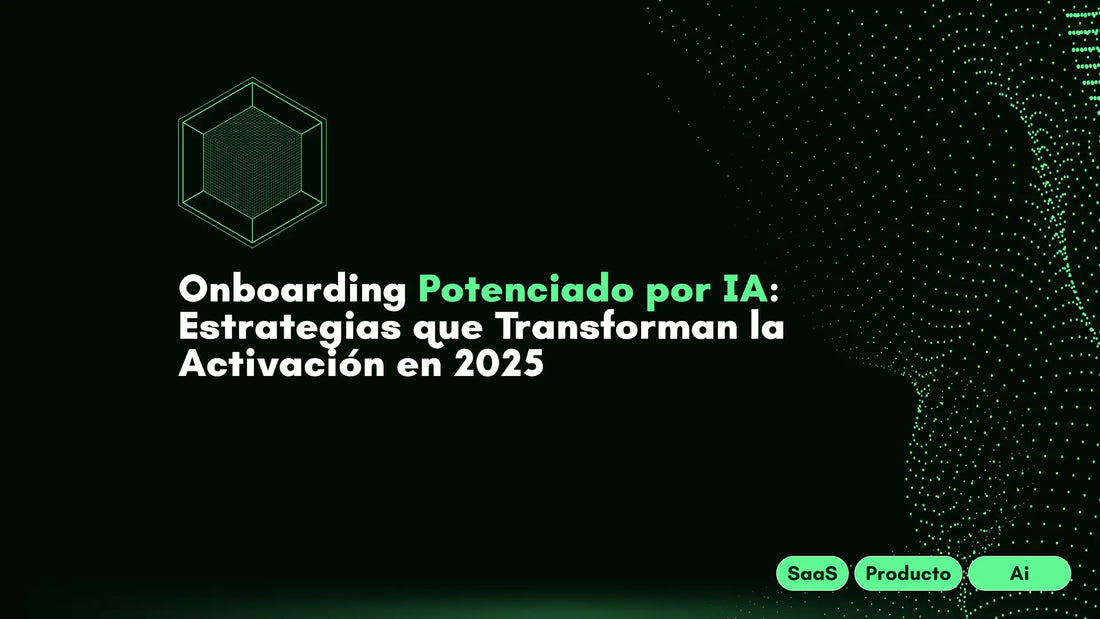 Ilustración de usuarios interactuando con un asistente digital impulsado por IA durante el proceso de onboarding, con gráficos de activación y retención.